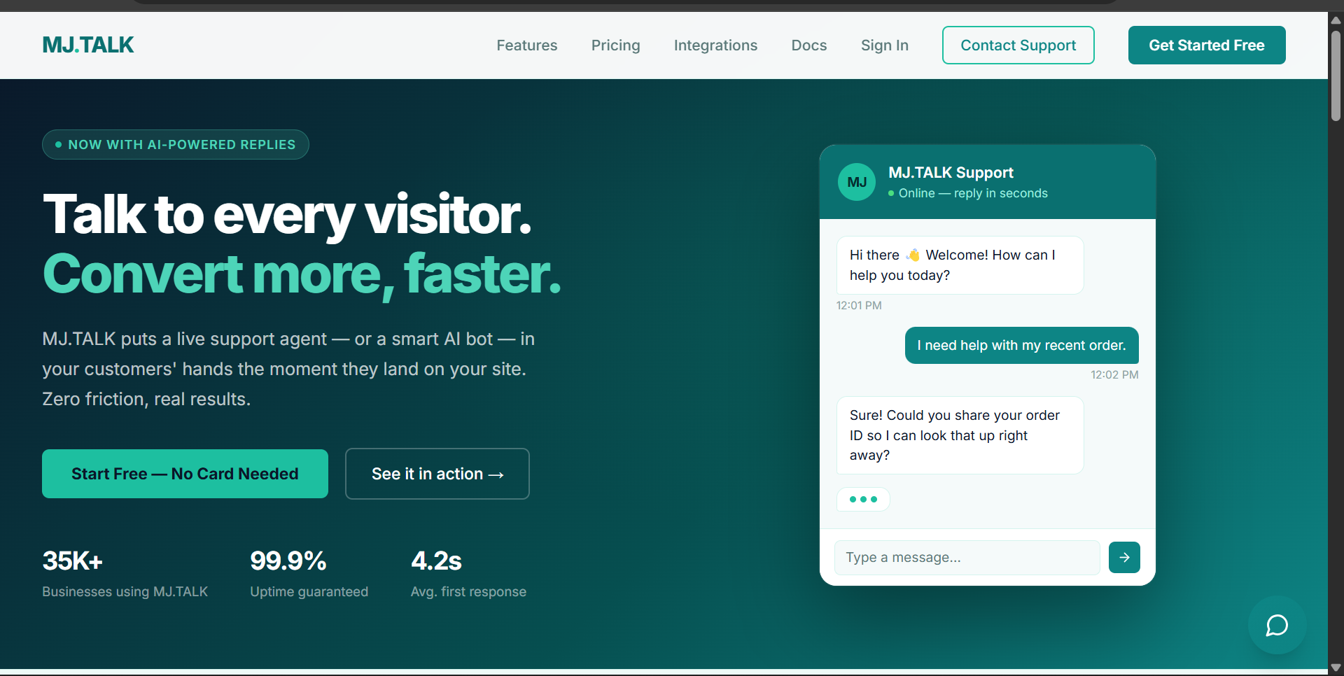 MJ.Talk chat widget showing real-time message exchange with typing indicators